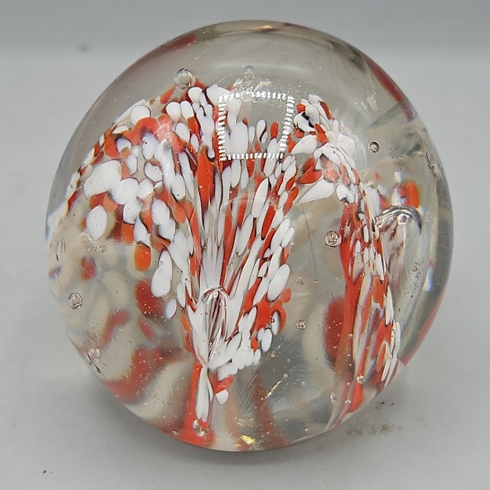 VTG Art Glass Clear Paperweight Red White Wave Burst Decor Abstract 2.5"